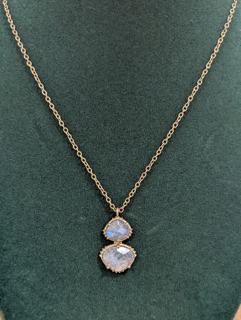 Labradorite Double Drop Pendant Necklace in Brass